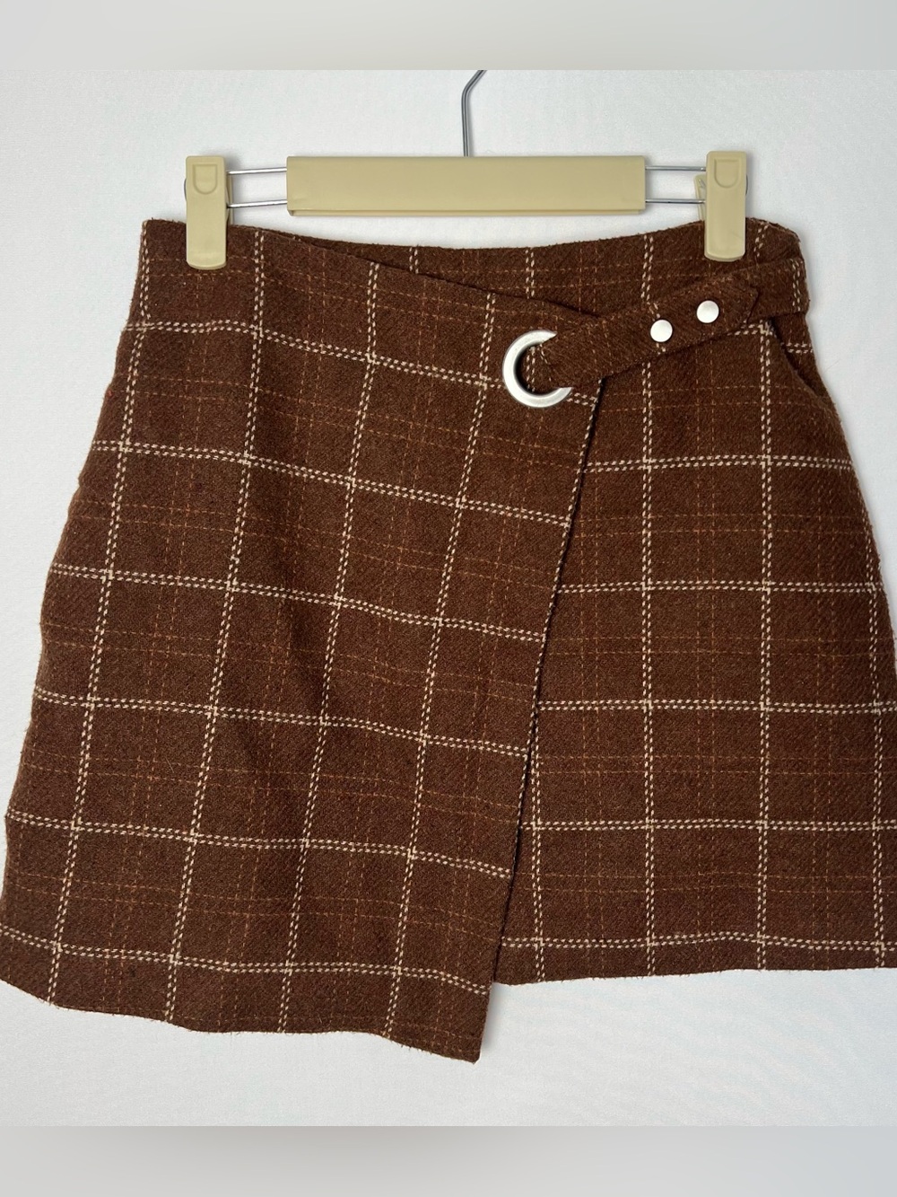 Paper Moon Brown Plaid Wrap Mini Skirt Size Small Silver Buckle
